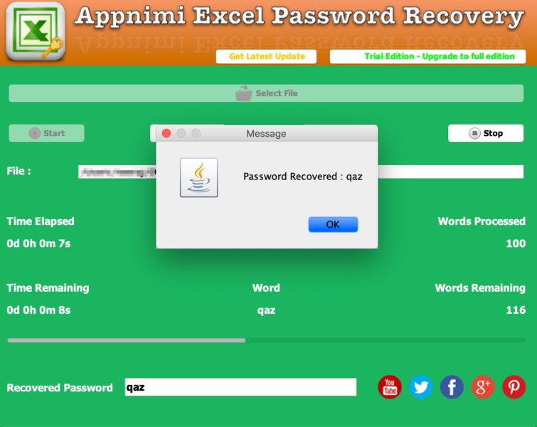 Appnimi Excel Password Recovery - Password Recovered
