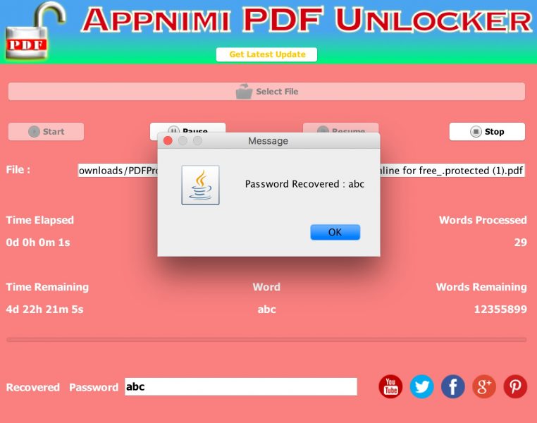 Appnimi PDF Unlocker - Password Recovered
