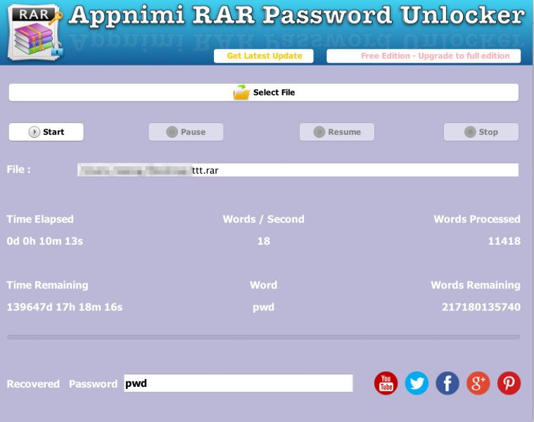 Appnimi RAR Password Unlocker - Recovery In Progress