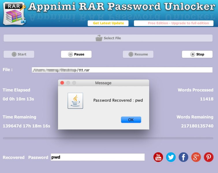 Appnimi RAR Password Unlocker - Password Recovered