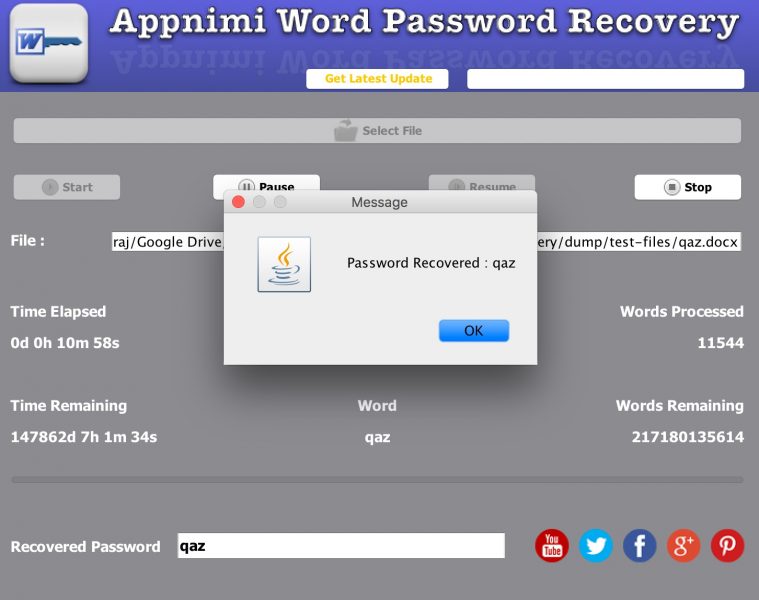 Appnimi Word Password Recovery - Password Recovered