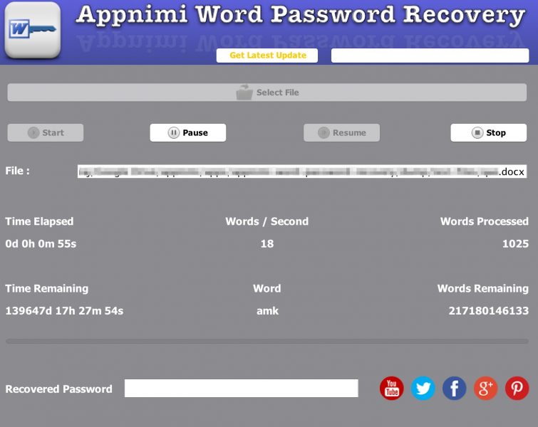 Appnimi Word Password Recovery - Recovery In Progress