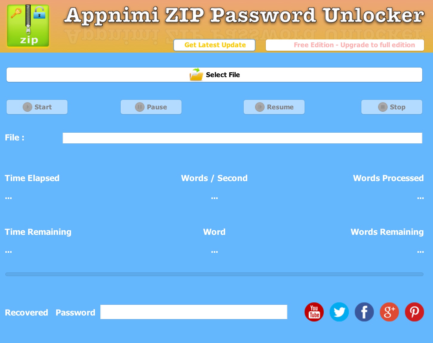 Appnimi ZIP Password Unlocker - Initial Screen