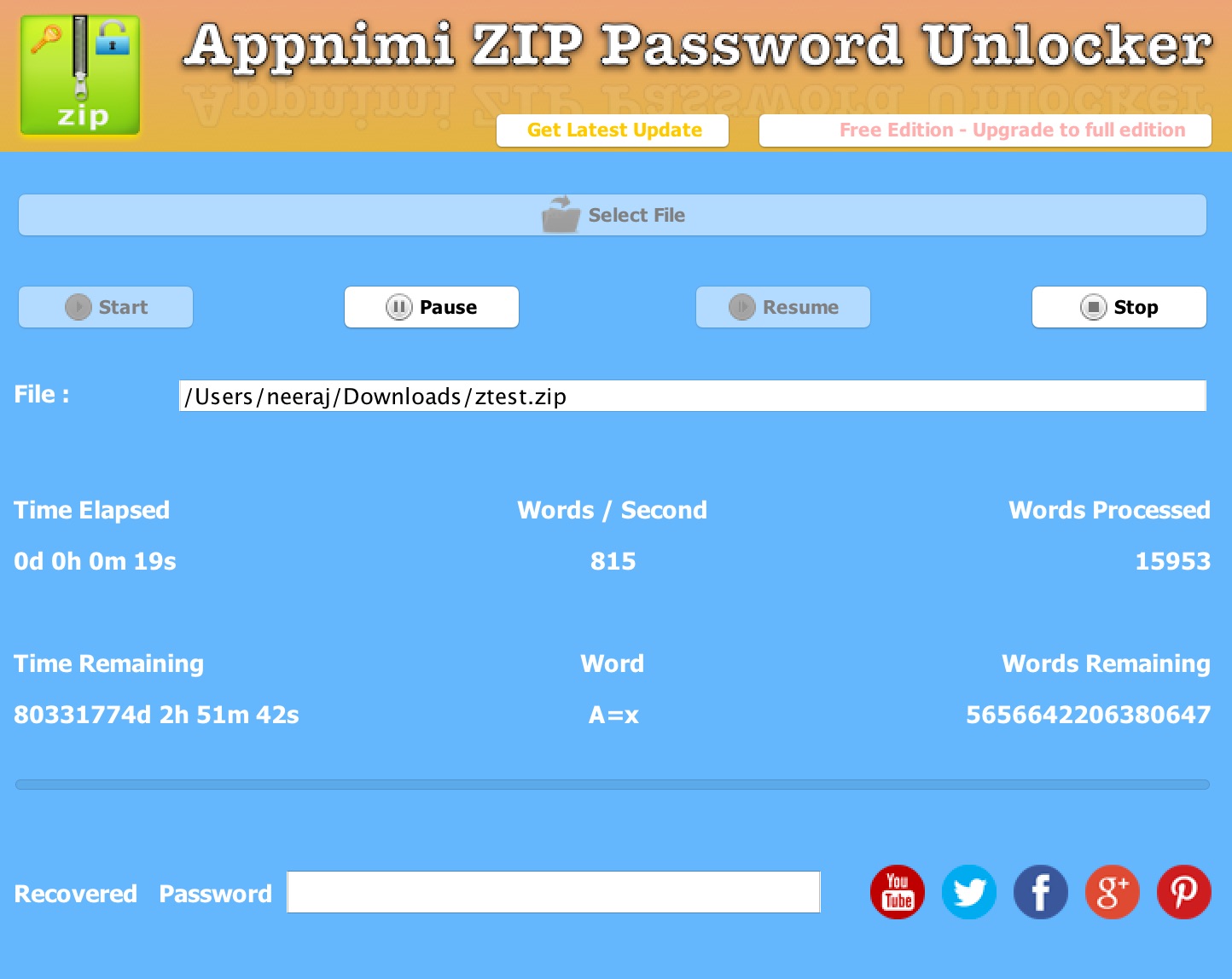 Appnimi ZIP Password Unlocker - Recovery In Progress