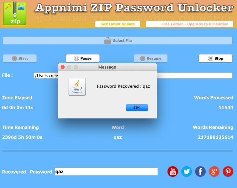 Appnimi ZIP Password Unlocker - Password Recovered